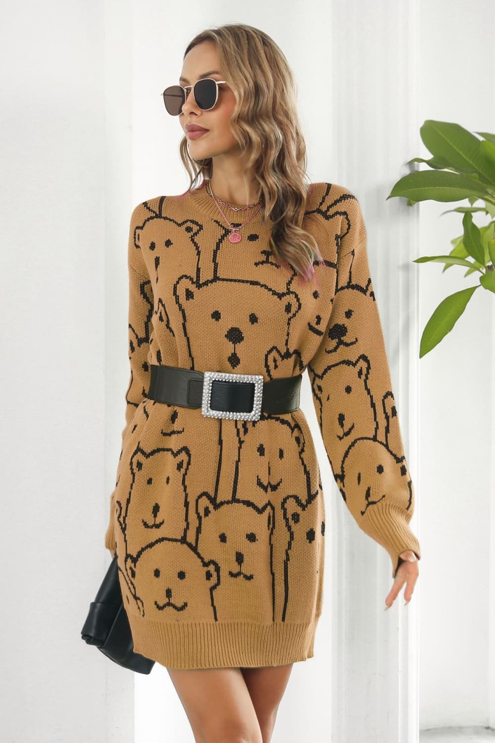 Bear Pattern Round Neck Sweater Dress bd1e2410ccab401db55359bd6d7bd093-Max Glownestbest