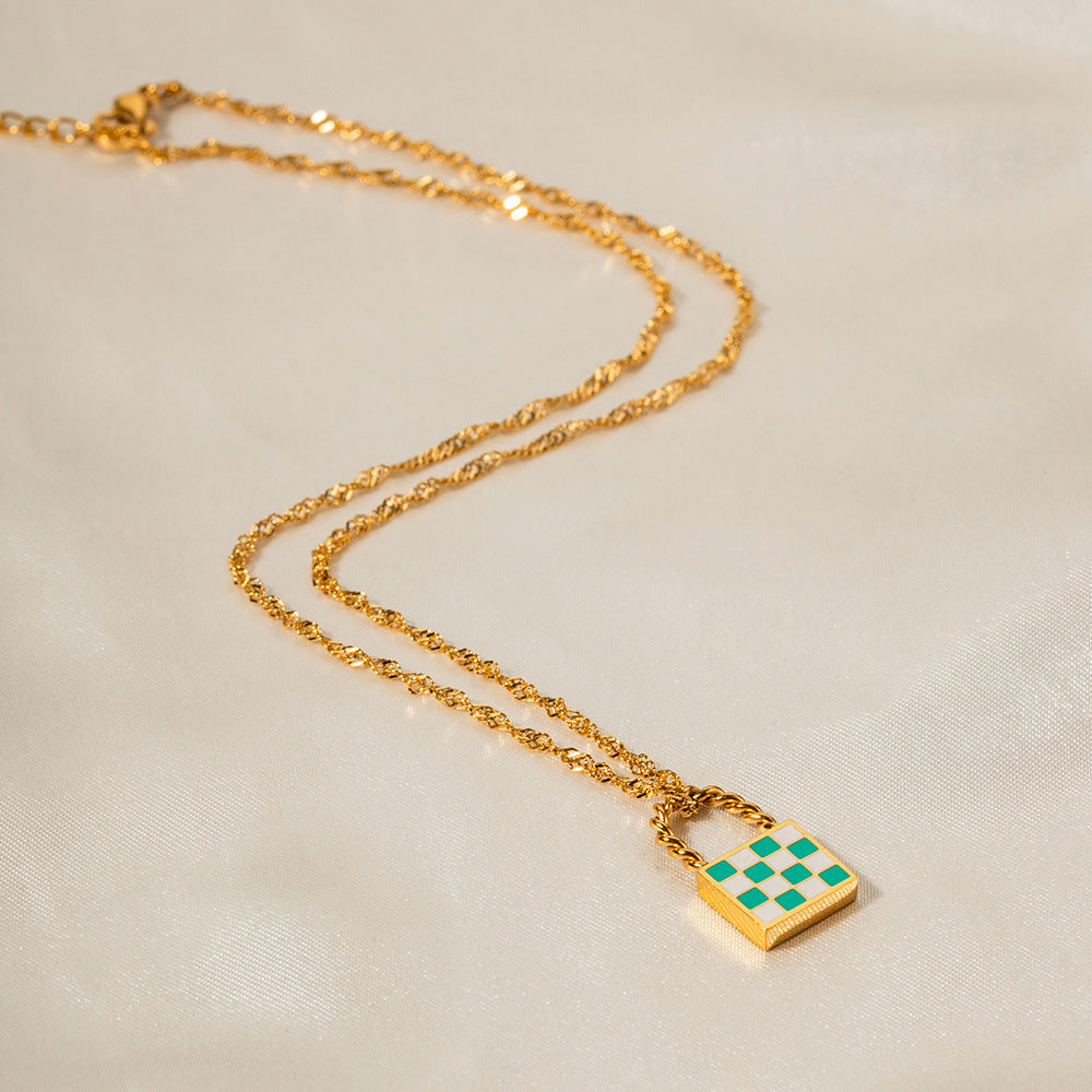 18K Novel Fashion Checker Checker Green and White Design Versatile Pendant Necklace bd35ac3e-a145-4e98-9d58-ac5e486bbf30 Artshiney