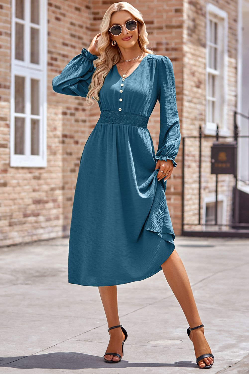 Smocked V-Neck Flounce Sleeve Midi Dress bd7196e2-f2e7-4710-9326-8adc55d4697d-Max Glownestbest