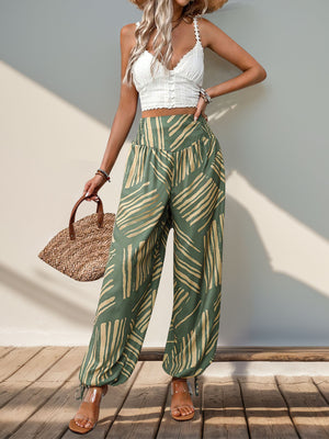 Perfee Smocked Slit Printed High Waist Pants bdb19d98-91ee-4801-8243-f8b812744add-Max Trendsi
