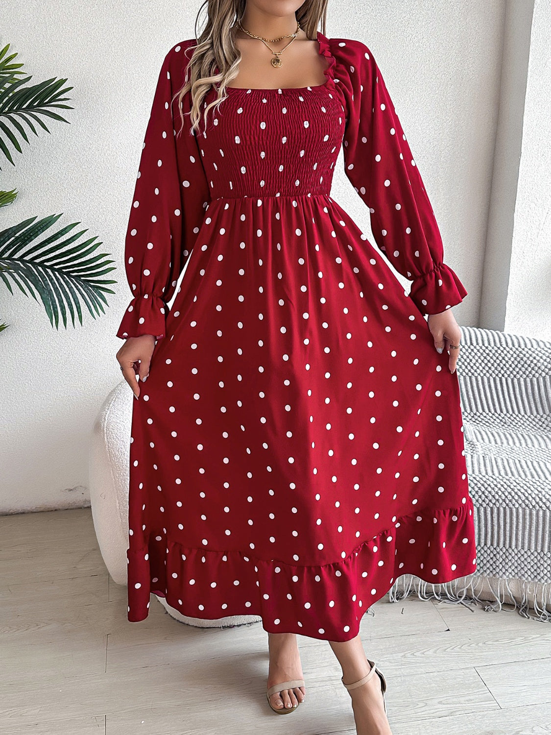 Polka Dot Flounce Sleeve Midi Dress Burgundy bf297704-5331-4c19-a9a8-4859c0fab99f-Max Glownestbest