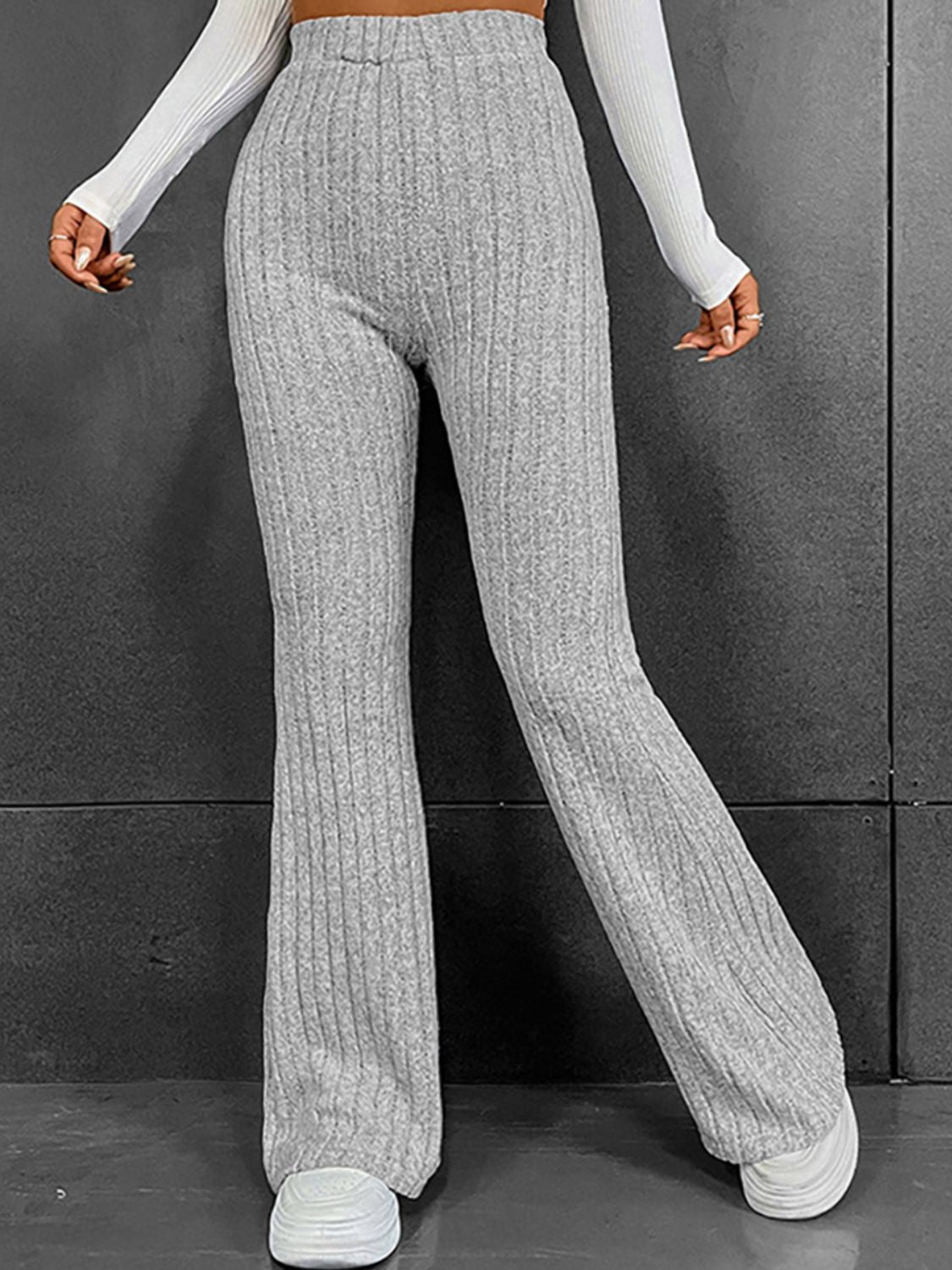 Ribbed High Waist Flare Bootcut Pants Light Gray bf95711fdb1747958c8d3cfe6190f954-Max Trendsi