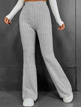 Ribbed High Waist Flare Bootcut Pants Light Gray bf95711fdb1747958c8d3cfe6190f954-Max Trendsi