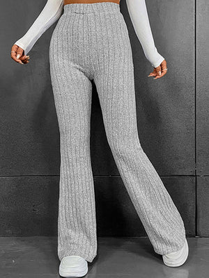 Ribbed High Waist Flare Bootcut Pants Light Gray bf95711fdb1747958c8d3cfe6190f954-Max Trendsi