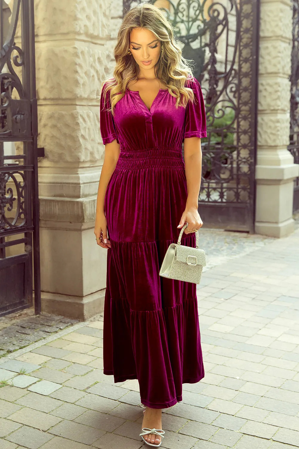 Tiered Notched Short Sleeve Dress with Pockets bfa3400c-a2a4-4de9-accf-5669faf42598-Max Glownestbest