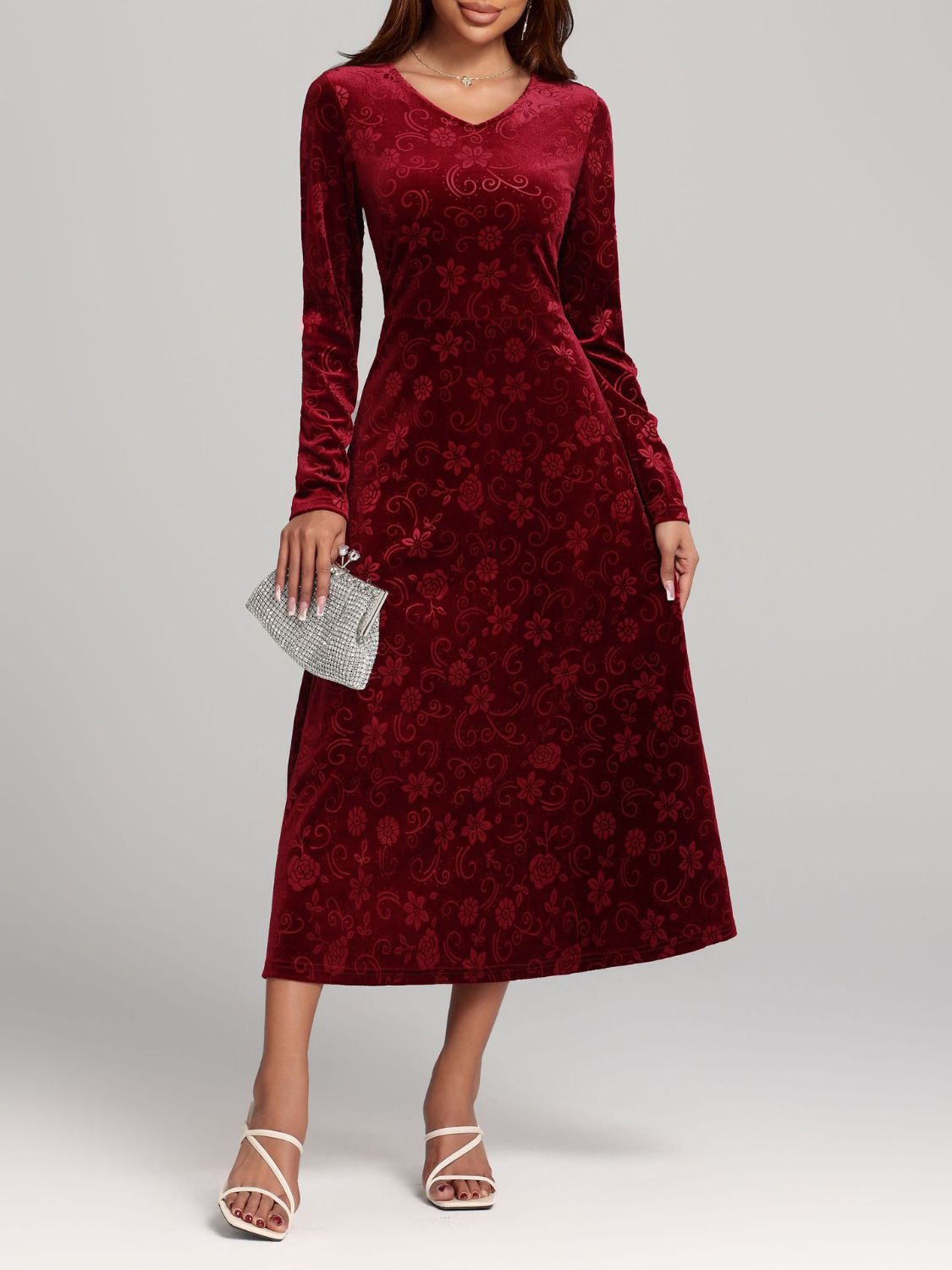 Flower Print V-Neck Long Sleeve Midi Dress bfa34bfe-449b-4eba-b432-0901481dcb86-Max Trendsi