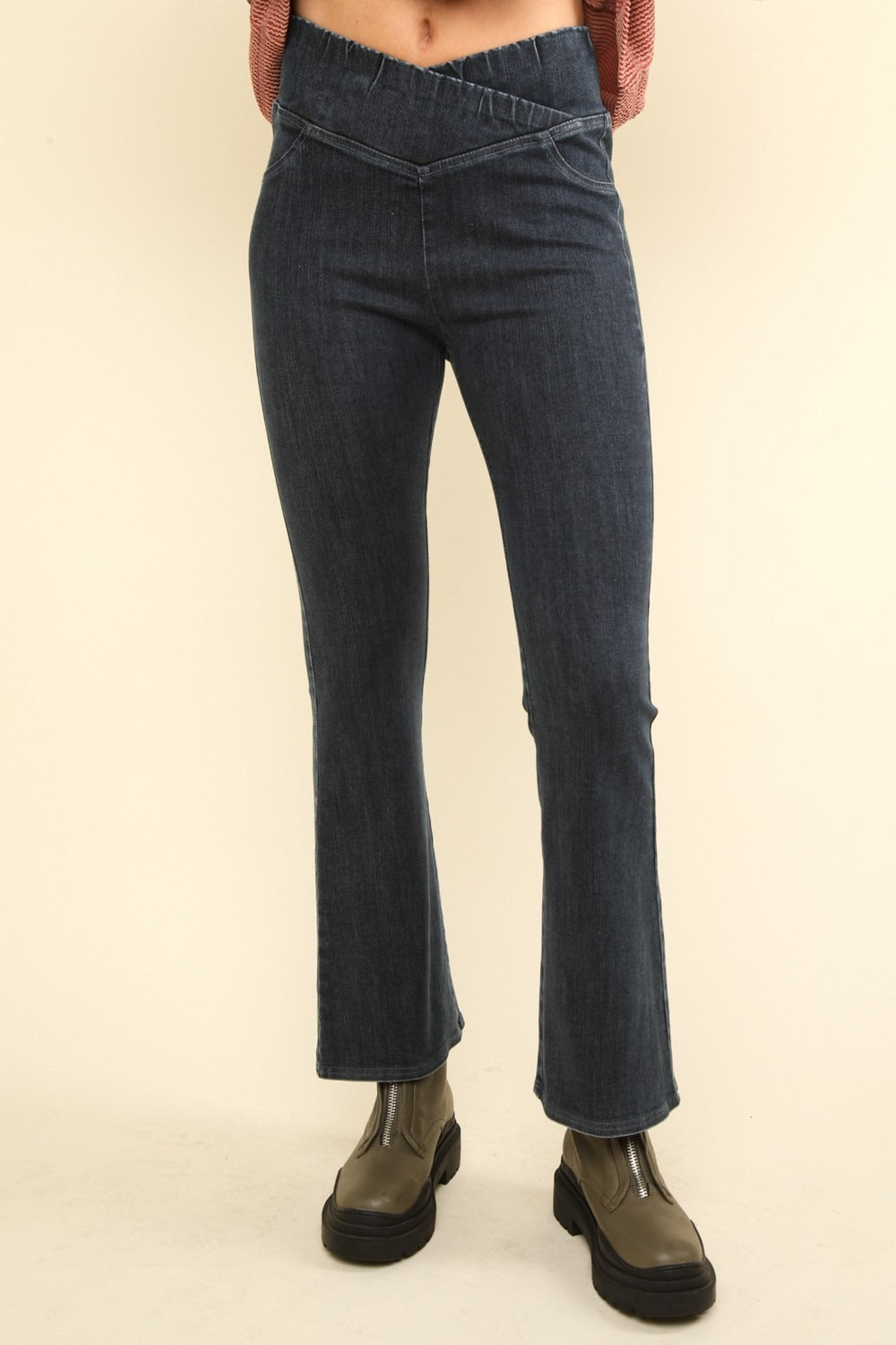VERY J Washed Denim Stretchy Crossover Waist Leggings Black bfbf038e-da93-4d01-94f8-7457bdcc12d1-Max Trendsi