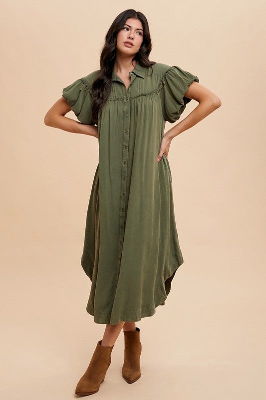 Annie Wear Mineral Washed Button Down Puff Sleeve Shirt Dress Army Green bff06ffb-cb60-43ce-9c62-f5b357b784d4-Max Trendsi