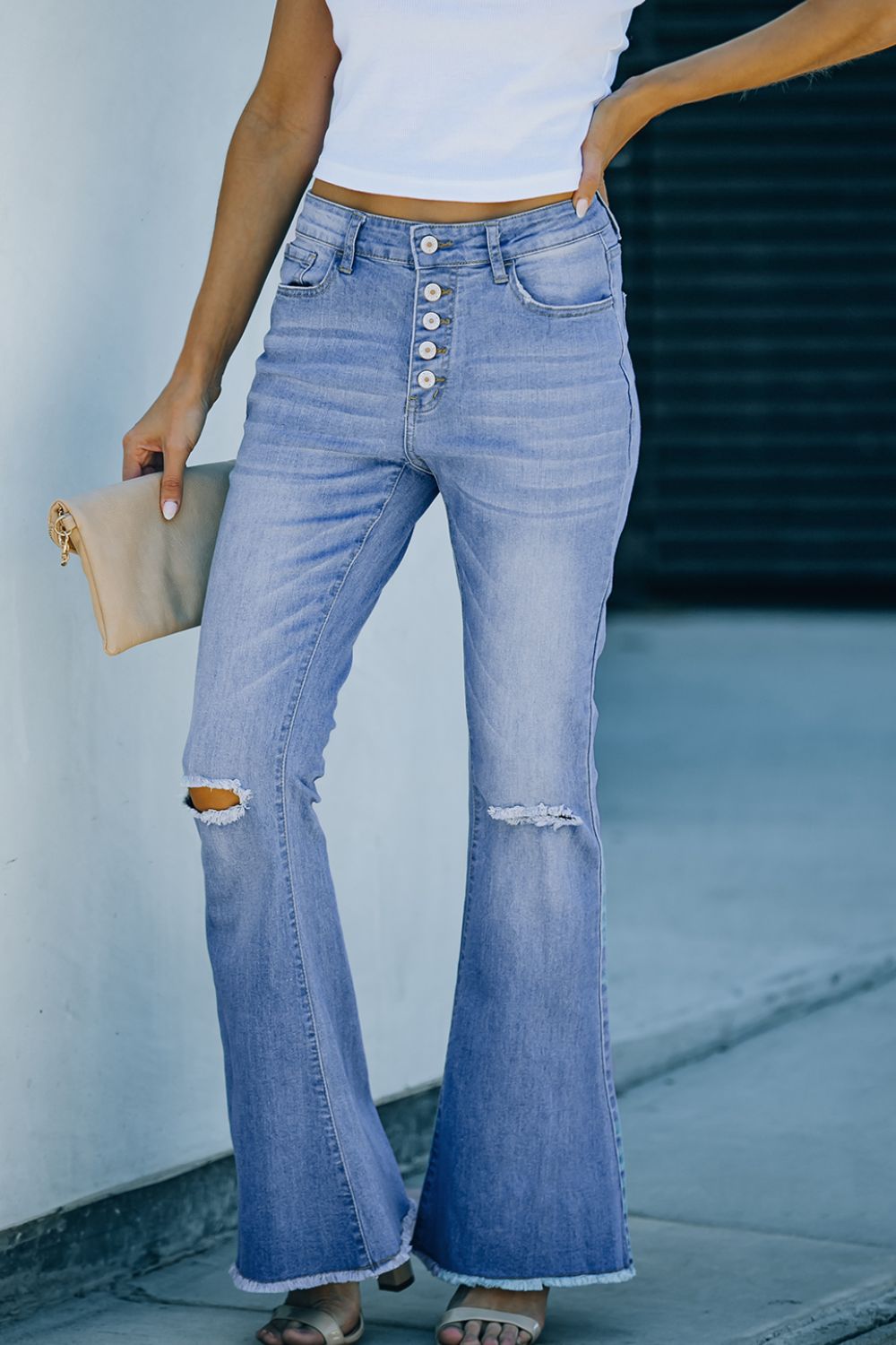Button-Fly Distressed Raw Hem Flare Jeans c03deb6291c446f1b34bf93e6df0d9b9-Max Trendsi
