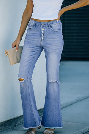Button-Fly Distressed Raw Hem Flare Jeans c03deb6291c446f1b34bf93e6df0d9b9-Max Trendsi