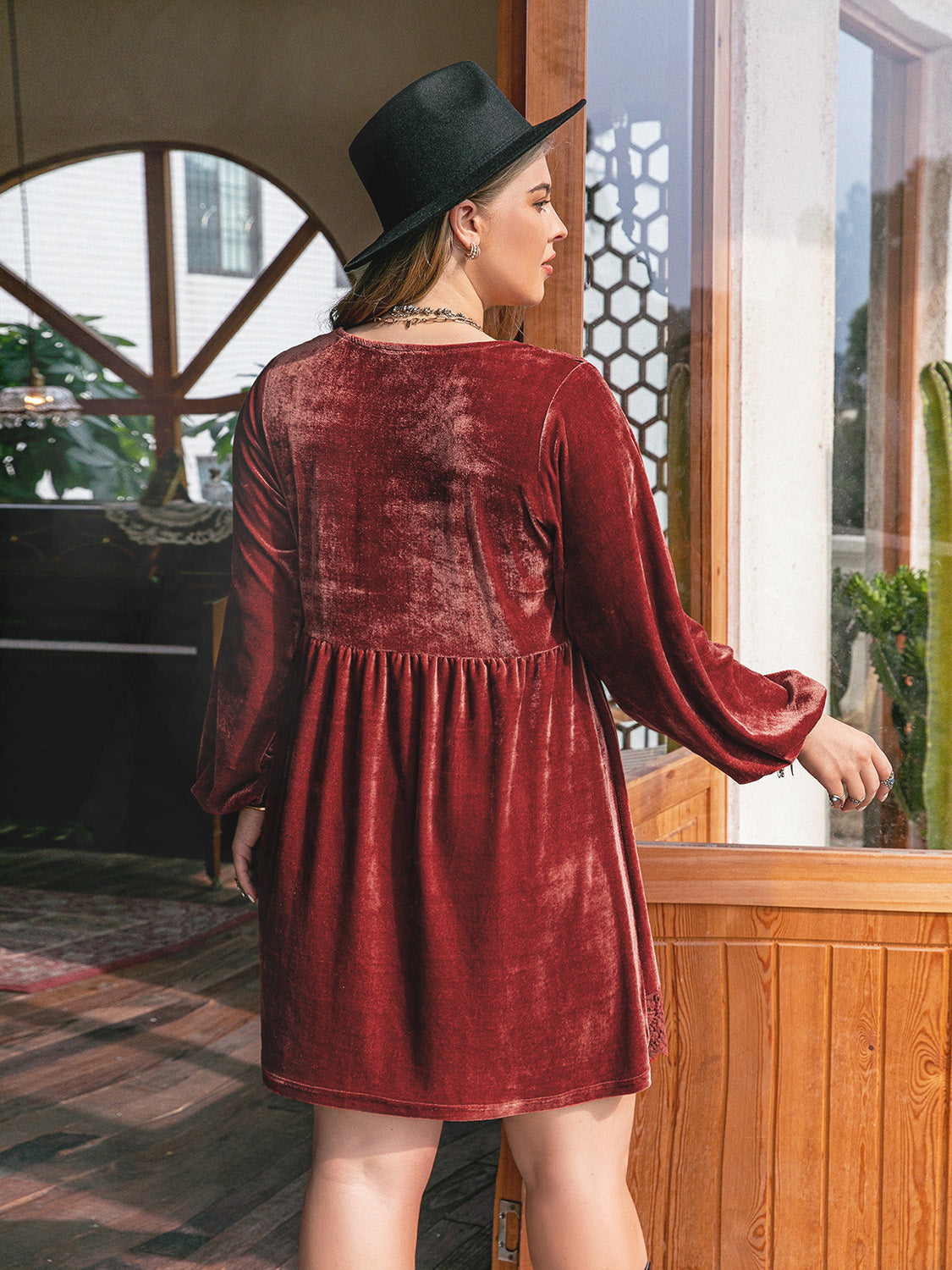 Plus Size Lace Detail V-Neck Long Sleeve Mini Dress c0bd384b-cf2d-4d27-a1f6-b4bca3508f75-Max Glownestbest