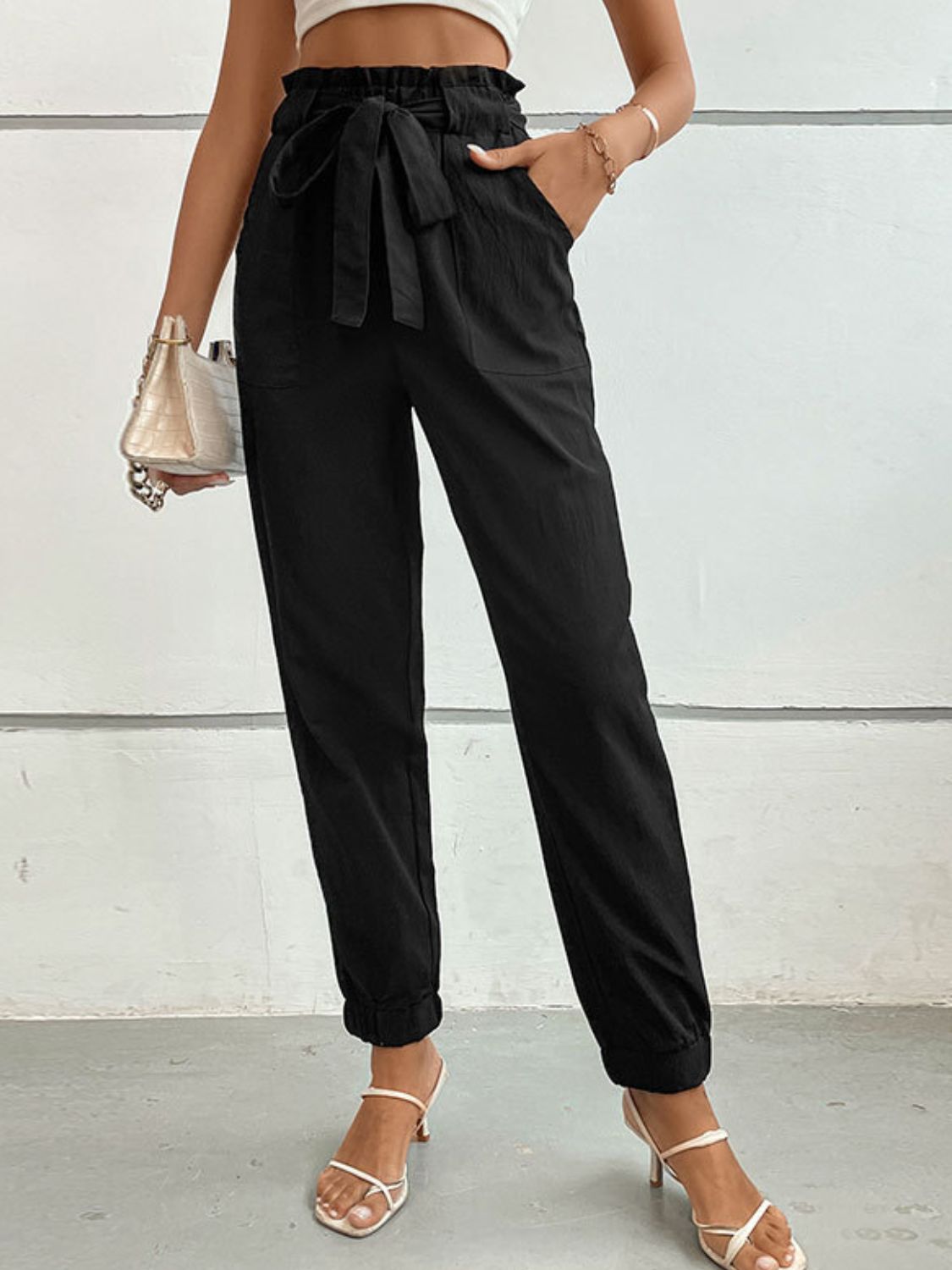 Perfee Tie Front Long Pants Black c13f9cc8b1ea4ff283bcd26322af4127-Max Trendsi