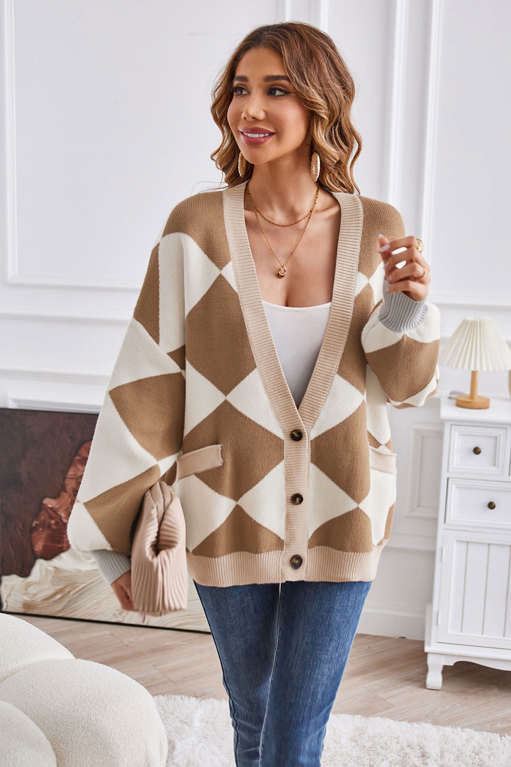Geometric Lantern Sleeve Cardigan with Pockets c1608b4b4c754e00a05c4b66bd738d29-Max Glownestbest