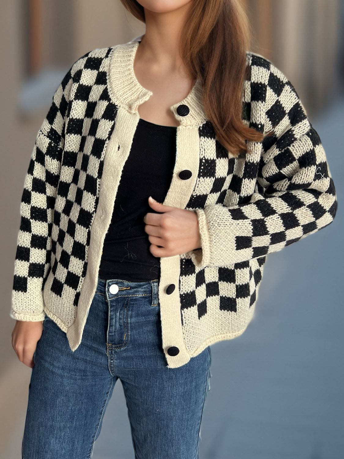 Checkered Button Up Round Neck Cardigan Black One Size c1aede4a-2690-428b-90bf-b1031bc2ad5c-Max Glownestbest