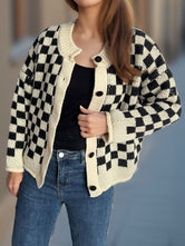 Checkered Button Up Round Neck Cardigan Black One Size c1aede4a-2690-428b-90bf-b1031bc2ad5c-Max Glownestbest
