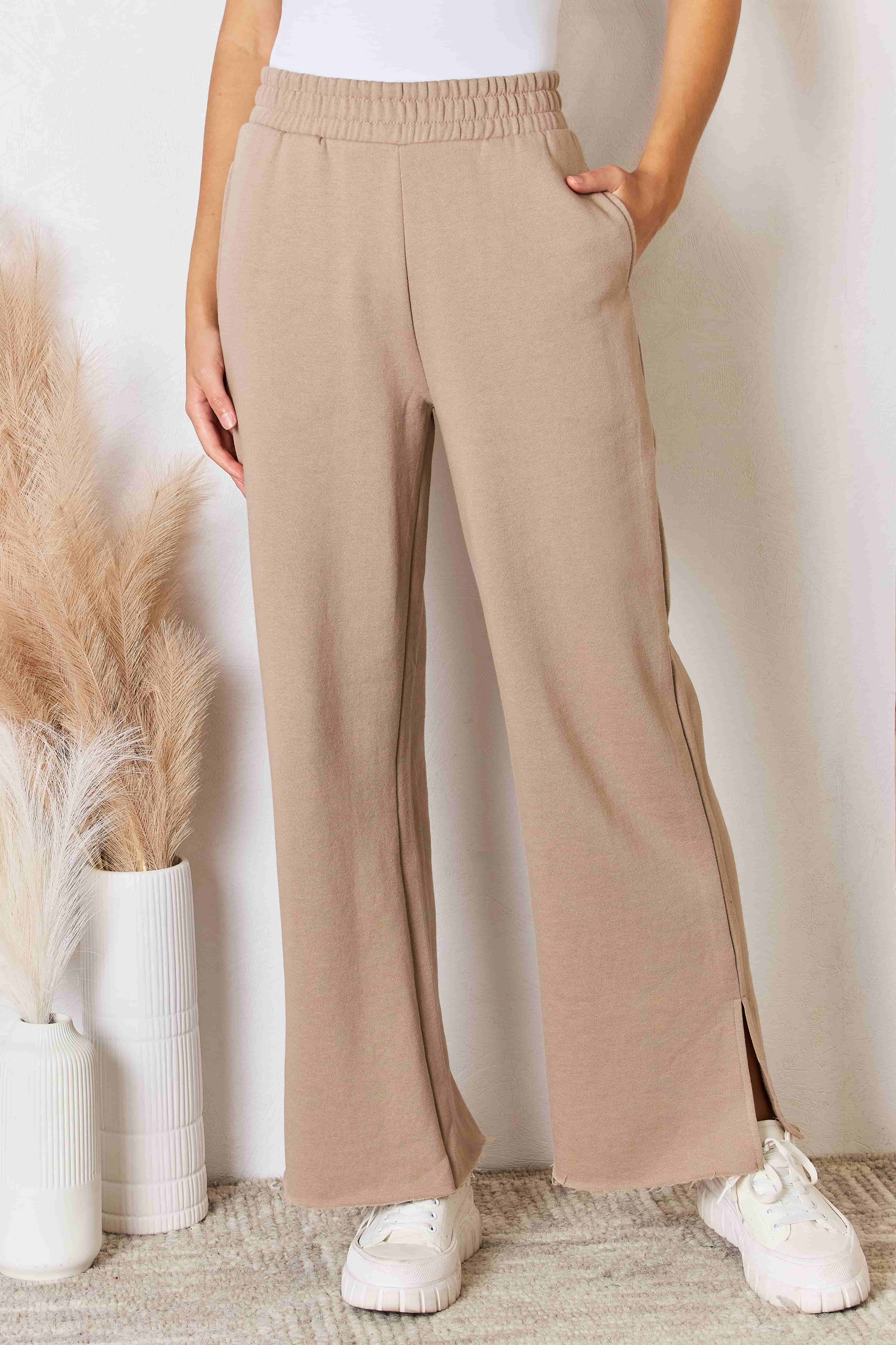 RISEN Wide Waistband Slit Wide Leg Pants Tan c21570ca-3f8c-4297-ad3c-e7c818b4ff14-Max Trendsi