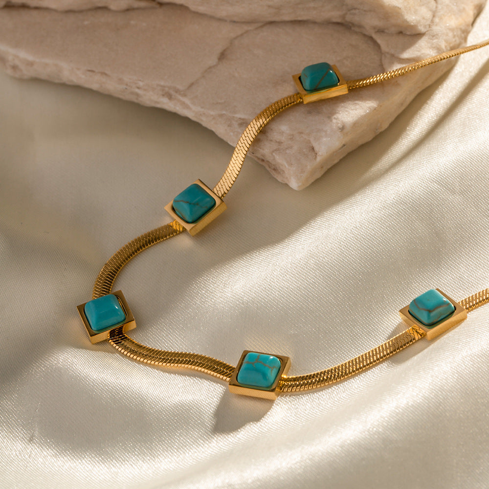 18K Gold Noble Fashion Matching Square Blue Malachite Versatile Necklace c2327365-889b-4e05-a374-6b545e632554 Artshiney