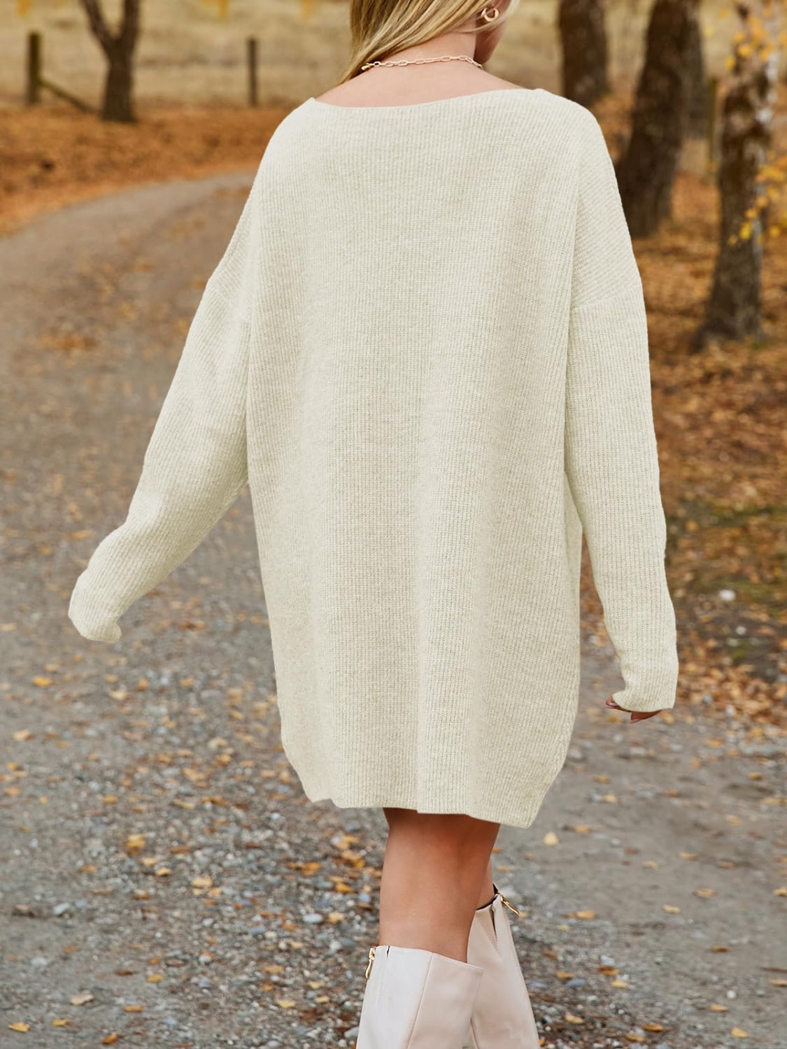 V-Neck Dropped Shoulder Sweater Dress c237b87d-19d2-40fe-8b90-c387eed717e0-Max Glownestbest