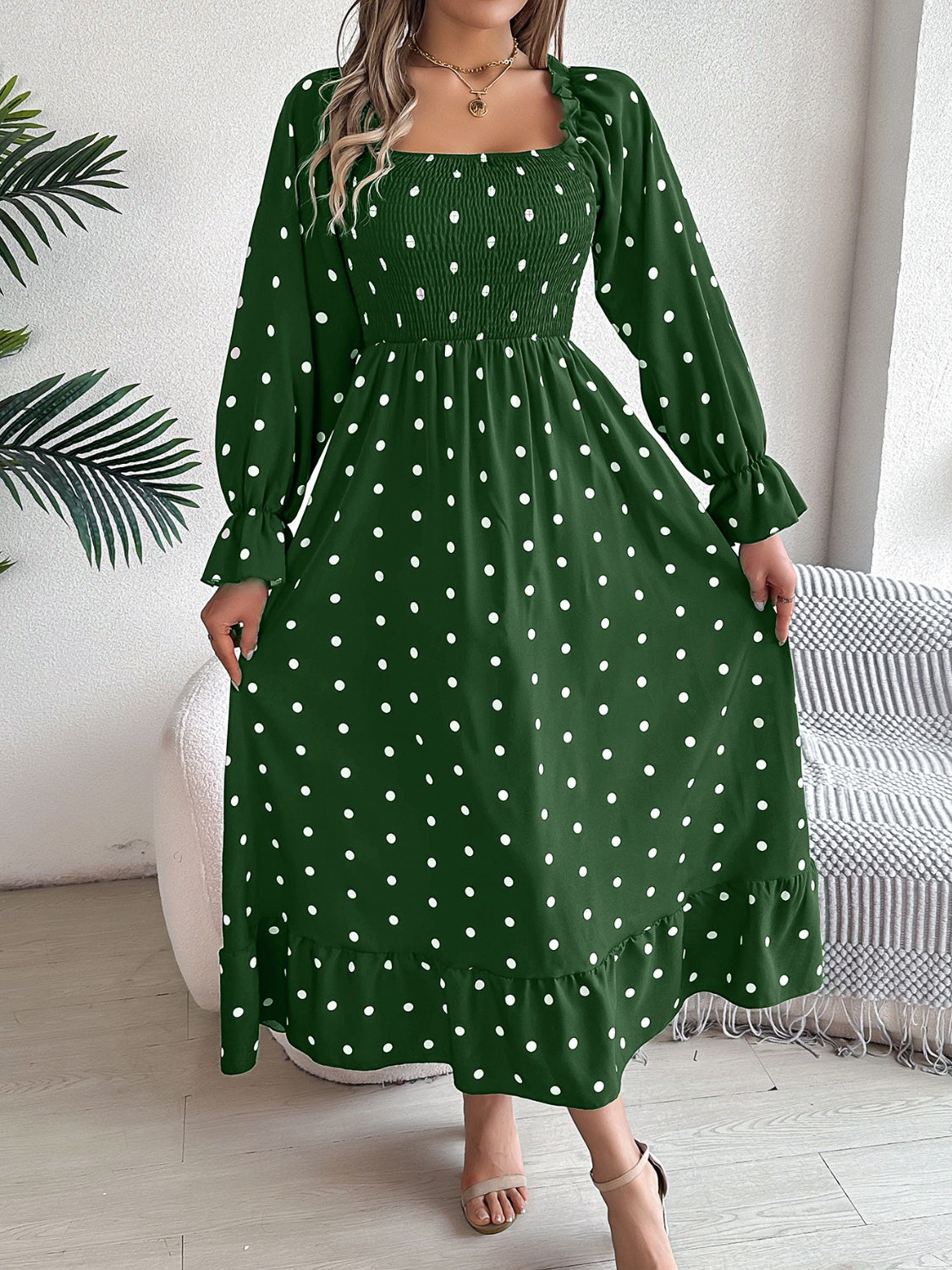 Polka Dot Flounce Sleeve Midi Dress c2ba850d-4d80-44fb-bb4c-9a7ba00bb96a-Max Glownestbest