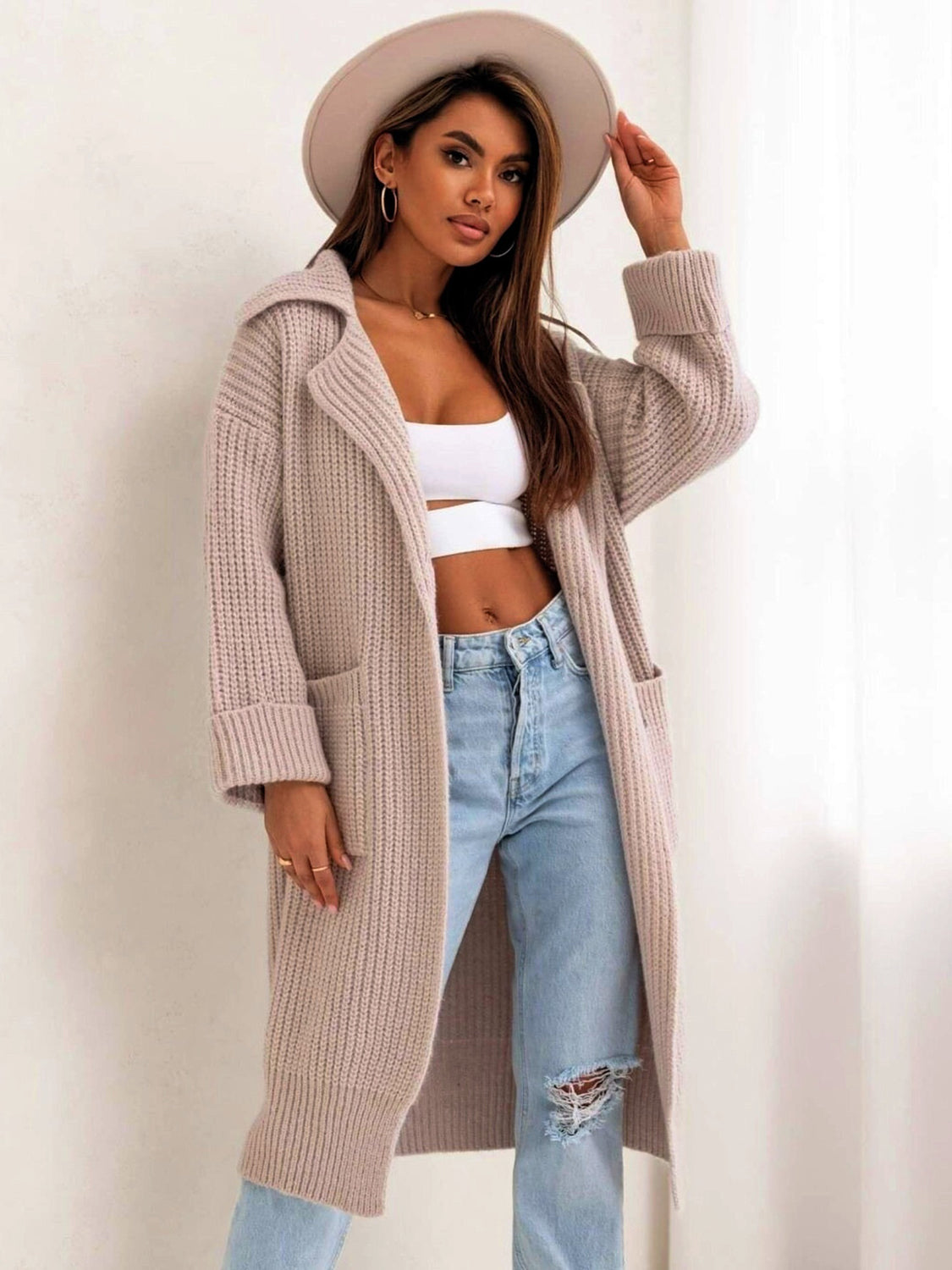 Pocketed Collared Neck Dropped Shoulder Cardigan c2e256c1-0248-4889-a1fc-b2aab1800d04-Max Glownestbest