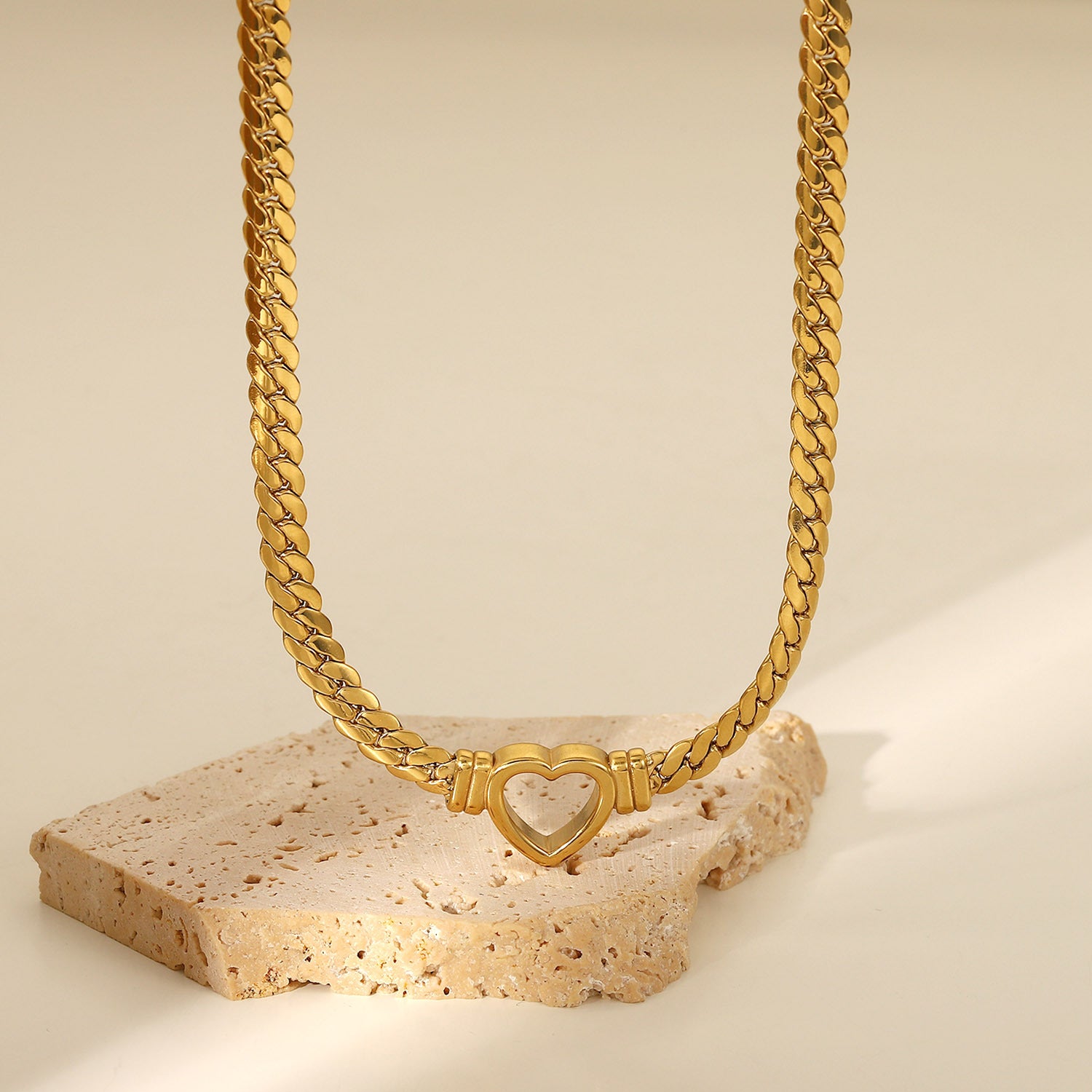 18K Gold Trendy Fashion Flat Snake Chain Hollow Heart Design Pendant Necklace c3ce1efd-ac5b-430d-926b-c9bcda1bc6fd Artshiney