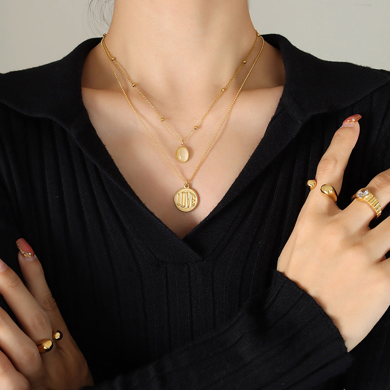 18K Gold Classic Simple LOVE Round Plate with Opal Double Layer Necklace c3dd3f0c-7d04-40a6-b71a-93725a5d4646 Artshiney