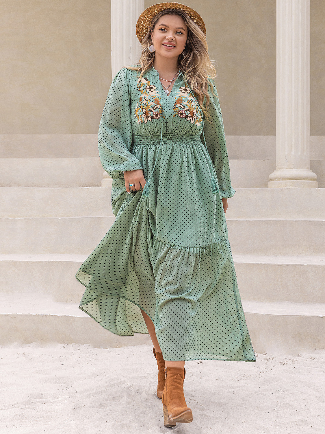 Plus Size Tassel Printed Tie Neck Long Sleeve Midi Dress c3f941eb-ba1e-4a88-95d4-eee632d279a2-Max Glownestbest