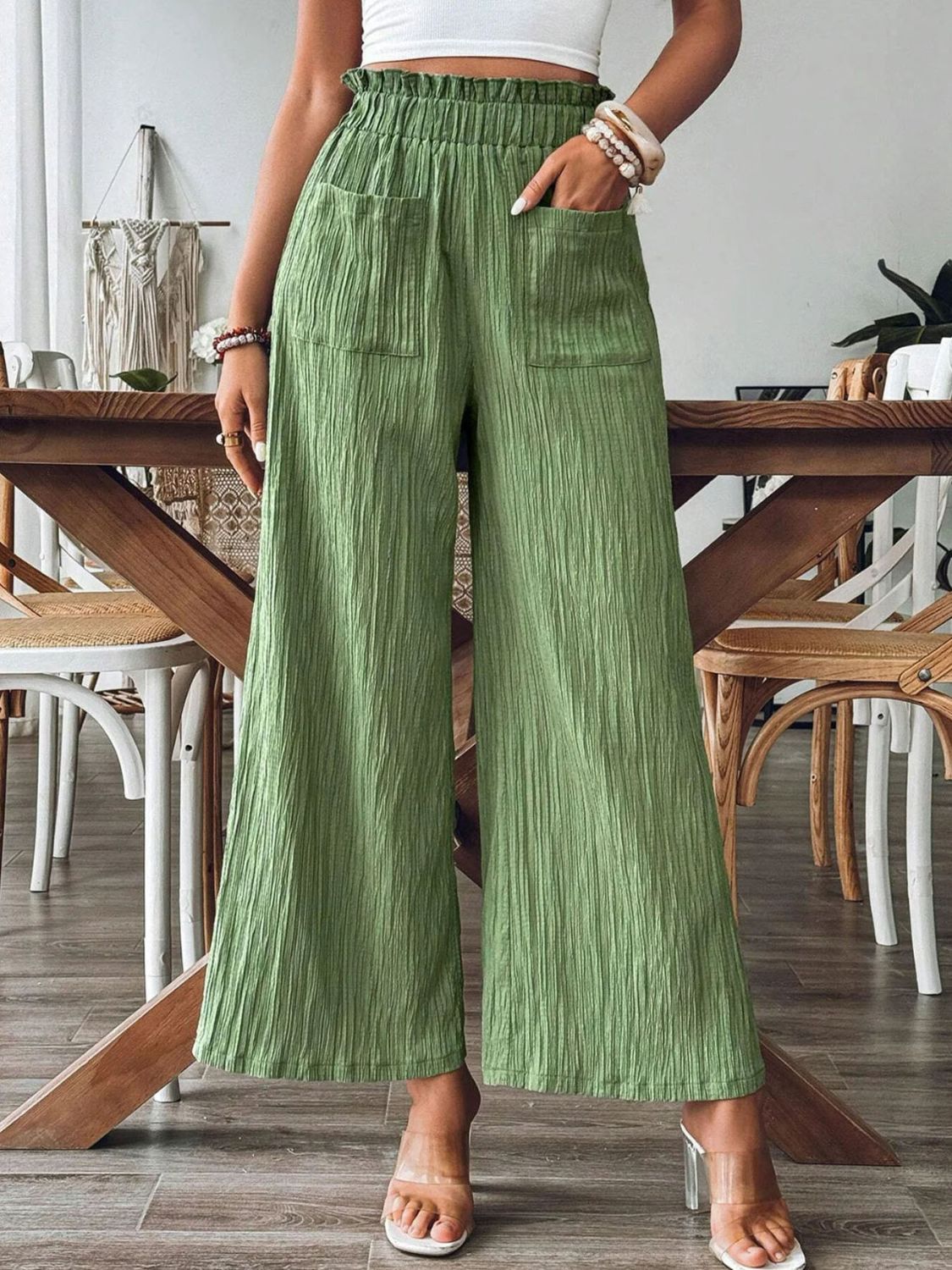 Pocketed Elastic Waist Wide Leg Pants Green c40c0616-794a-4210-b992-97eba3b296fa-Max Trendsi