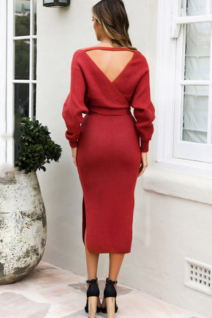 Surplice Neck Bow Waist Slit Sweater Dress c49b3617bc5f478dbc7f2d5c0b38012c-Max Glownestbest