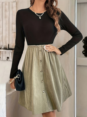 Contrast Round Neck Long Sleeve Dress c4b88837-e3ce-4f90-a96a-e883a515c52a-Max Trendsi