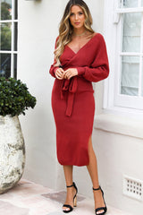 Surplice Neck Bow Waist Slit Sweater Dress Deep Red c505aa07e01a4ef09b163d31c47cdb6c-Max Glownestbest