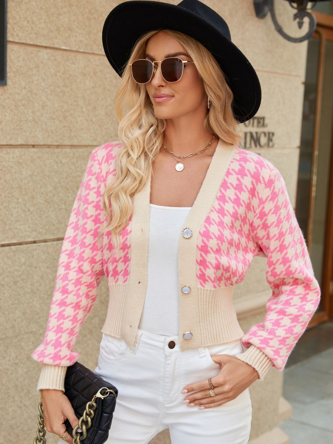 Houndstooth Button Up Long Sleeve Cardigan c50824a5-8697-49d3-b3b7-889fcdee8e1b-Max Glownestbest