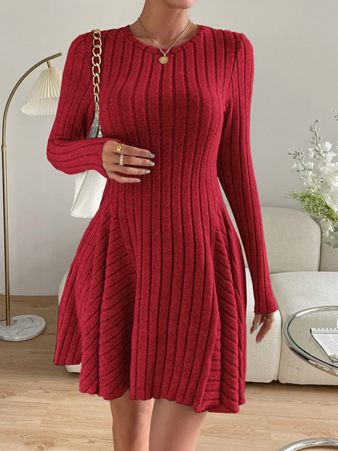 Ribbed Round Neck Long Sleeve Dress c524c283-8287-48a6-8cc7-baa0ba0fe9de-Max Glownestbest