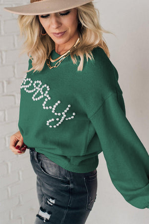 Blackish Green Pearl Beaded Merry Casual Sweater c5501aabe58ca8a7 Glownestbest