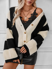 Waffle-Knit V-Neck Striped Long Sleeve Cardigan Ivory c5e345d5-e4d5-41f8-bc06-5300803a8d37-Max Glownestbest