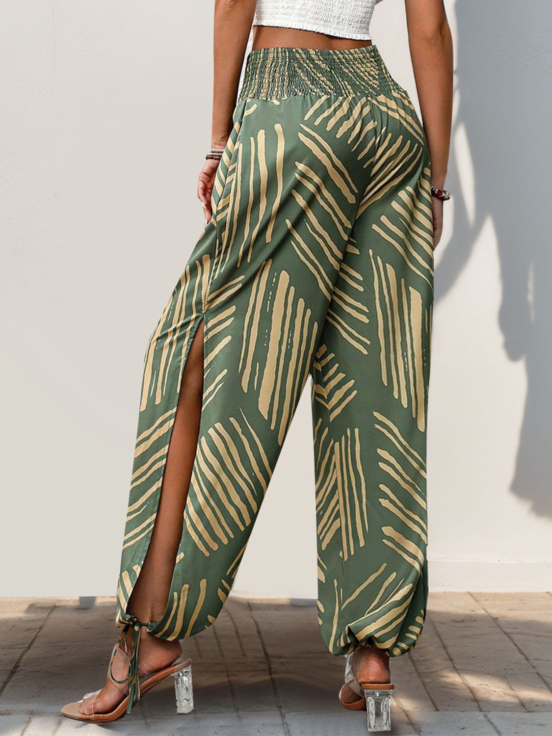 Perfee Smocked Slit Printed High Waist Pants c60f3f56-7049-4cbd-801d-3520544f12a5-Max Trendsi