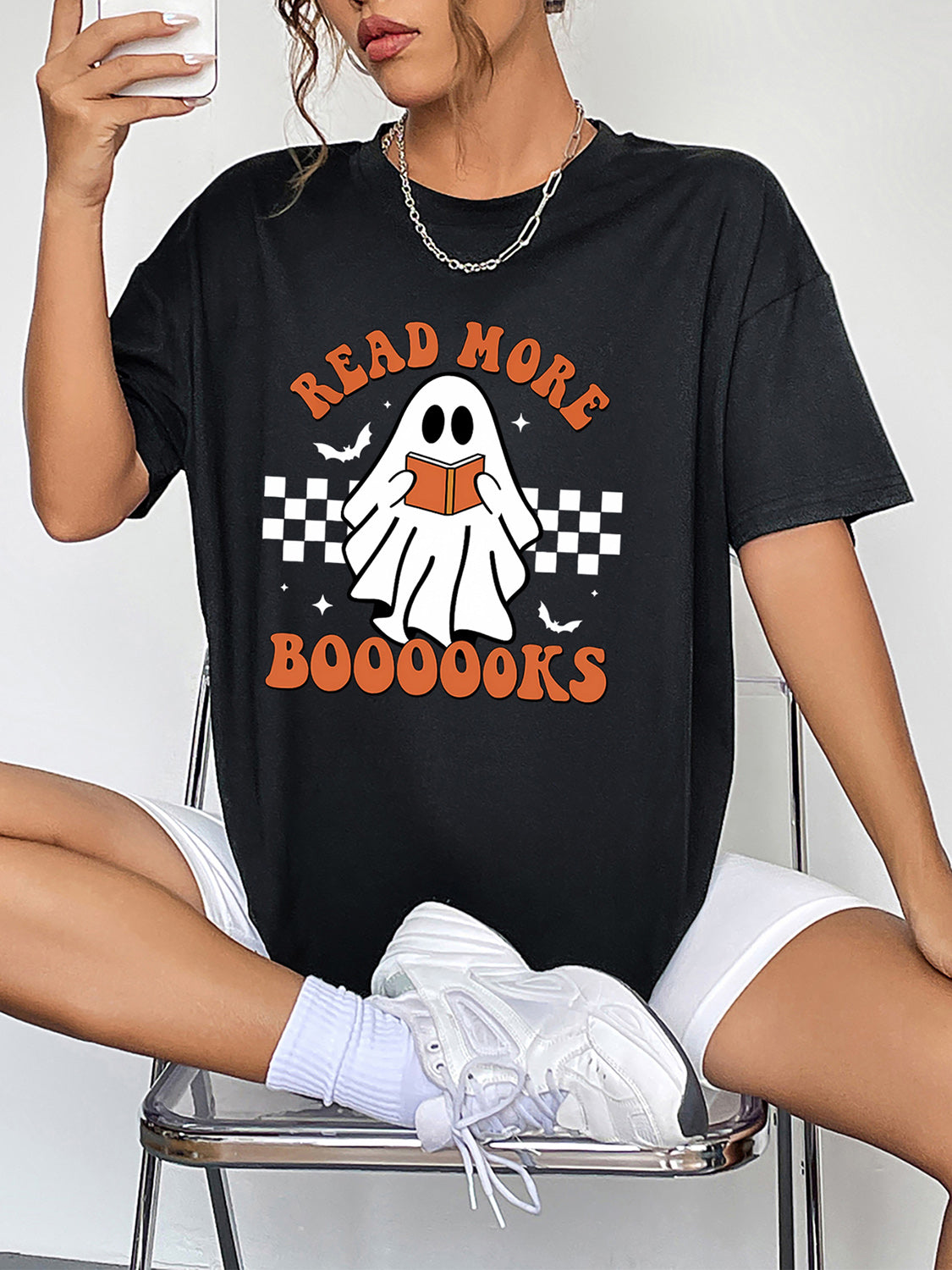 Glownestbest ® | Round Neck Short Sleeve Ghost Graphic T-Shirt Black c6dcc8edb42146498327d76a52079054-Max Glownestbest