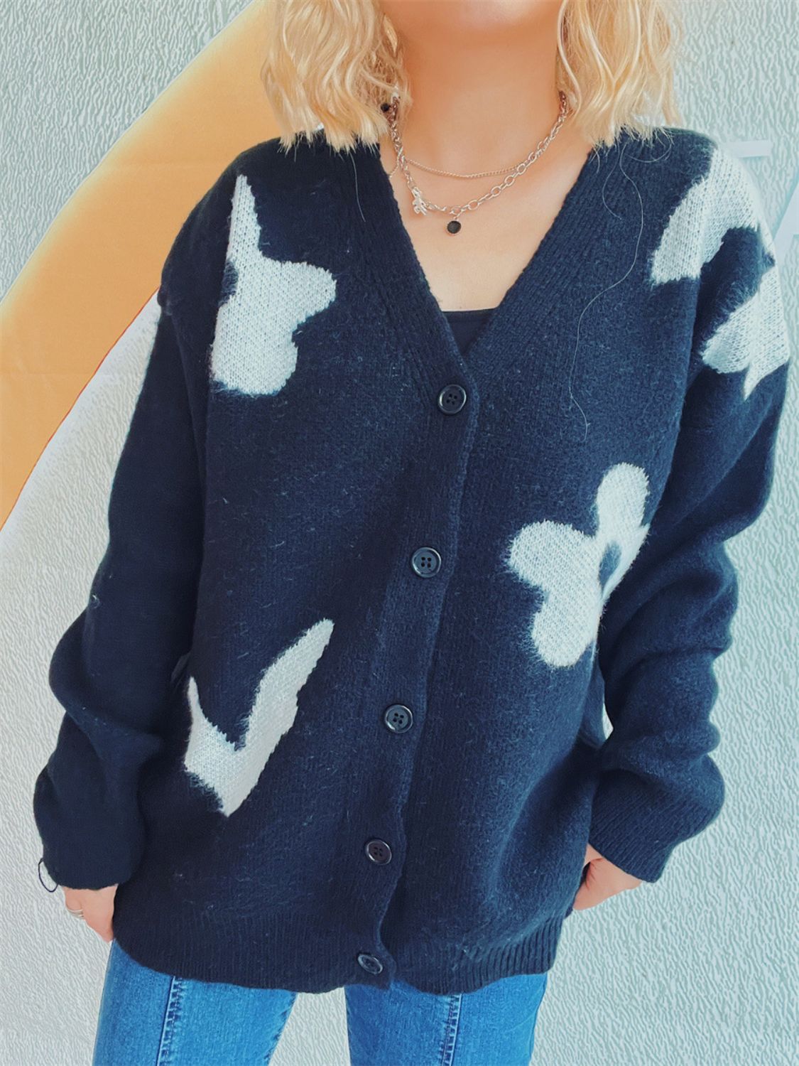 Flower Button Down V-Neck Long Sleeve Cardigan c6f5c81b-c1ef-4200-8bc3-fed613320c6b-Max Glownestbest