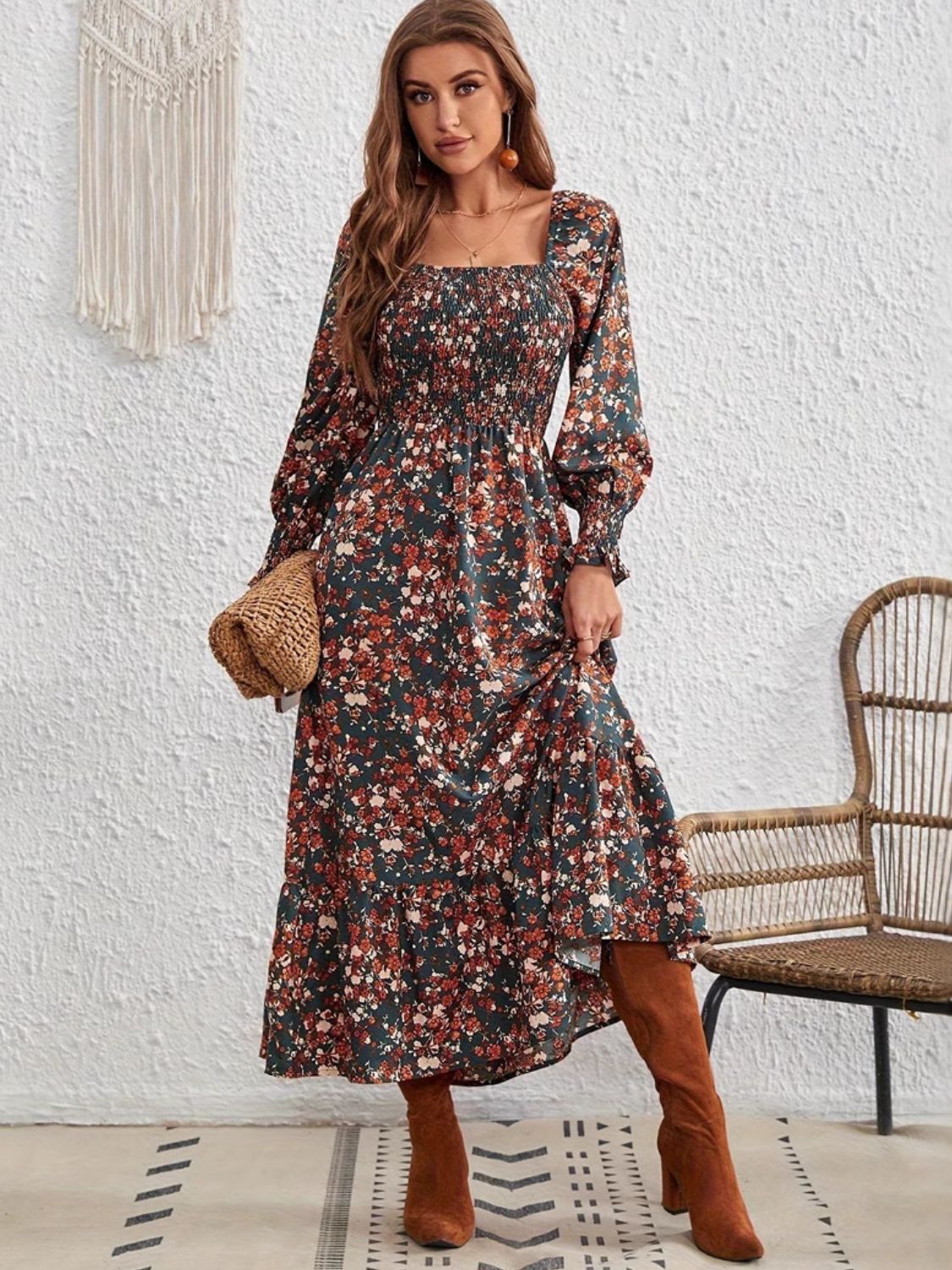 Smocked Floral Square Neck Long Sleeve Dress Dark Green c70f12c6-481c-4436-b9dd-78c8459085ea-Max Glownestbest