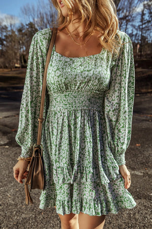 Ruffle Hem Floral Square Neck Long Sleeve Dress c73db683-2493-4d68-a267-19bb6856f4b2-Max Glownestbest