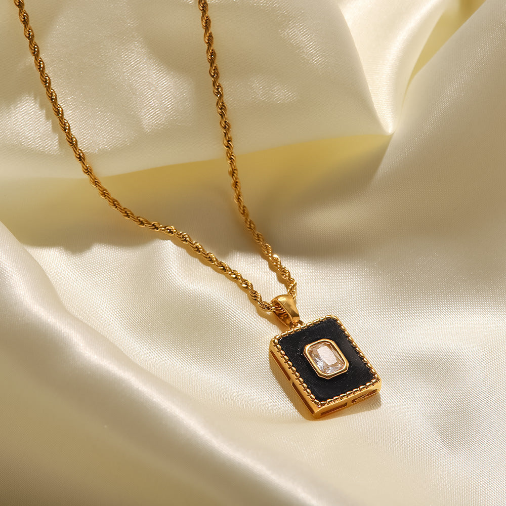 18K Gold Inlaid White Zircon Malachite Twist Chain Square Pendant Necklace Black c75227f3-3f6d-4cd6-a94b-4ba3fa36e835 Artshiney