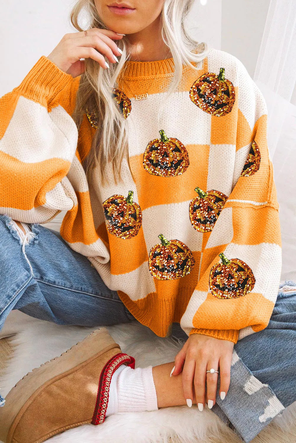 Glownestbest ® | Grapefruit Orange Sequined Halloween Pumpkin Checkered Sweater Grapefruit Orange c7cd14c21f7c8163 Glownestbest