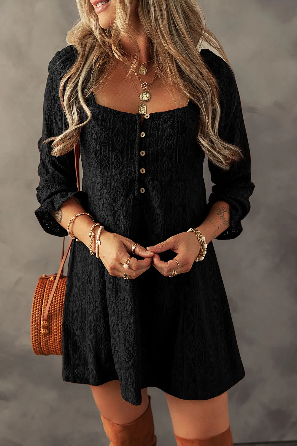 Textured Square Neck Mini Dress Black c7ed9529-9fb2-4014-9fea-4adba32ded57-Max Glownestbest