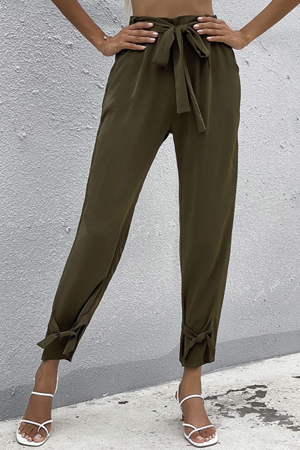Perfee Tie Detail Belted Pants with Pockets Olive c8886030632a4eb3a88b53235fc2effc-Max Trendsi