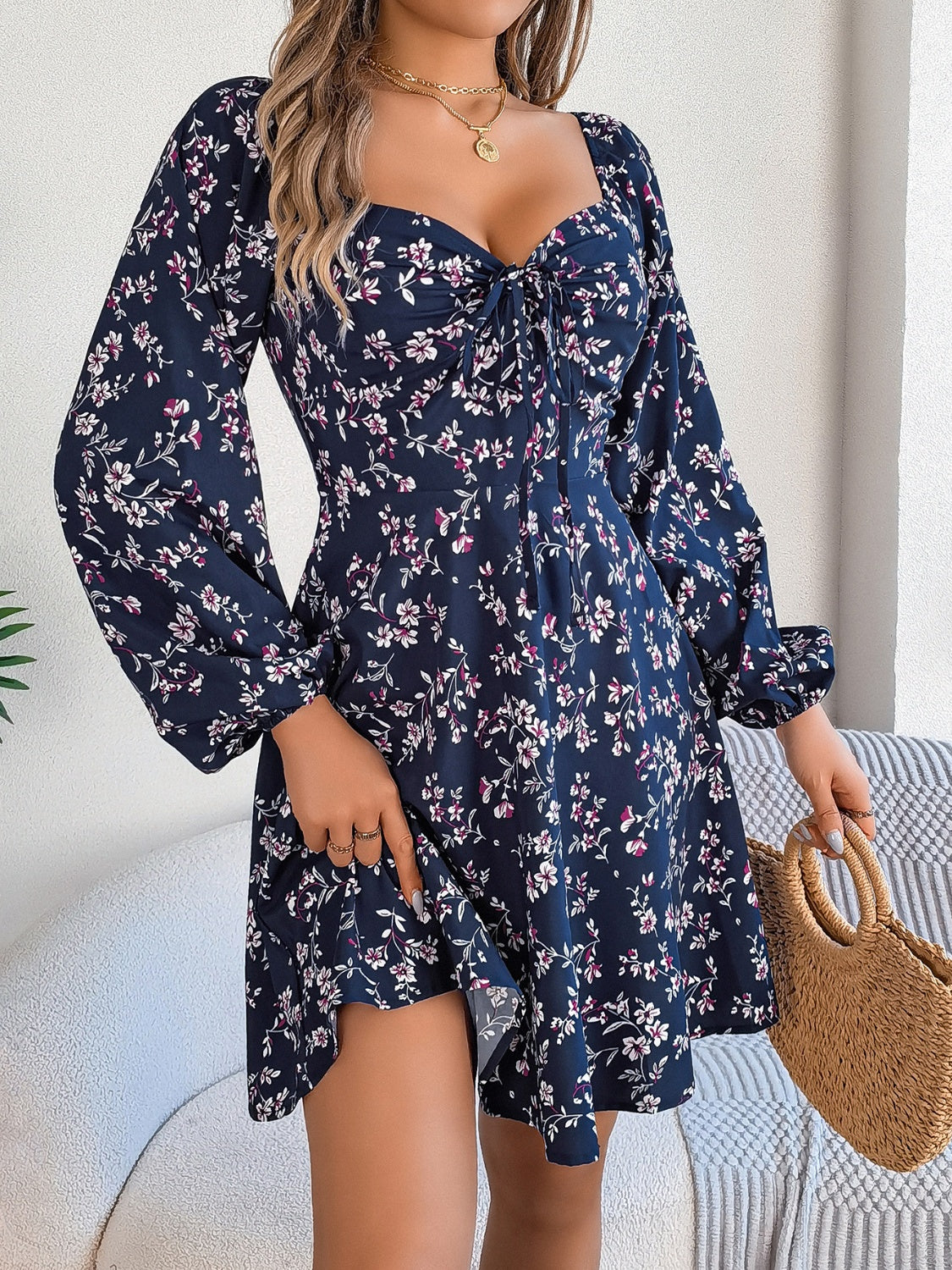 Printed Sweetheart Neck Balloon Sleeve Mini Dress c8c8eec9-2153-487a-8401-c3f9eb21a536-Max Glownestbest