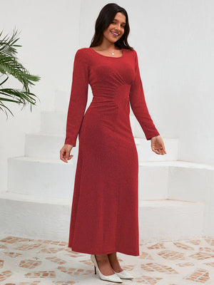 Ruched Round Neck Long Sleeve Dress c914bb2d-52e3-4673-8111-c313a31fe132-Max Glownestbest
