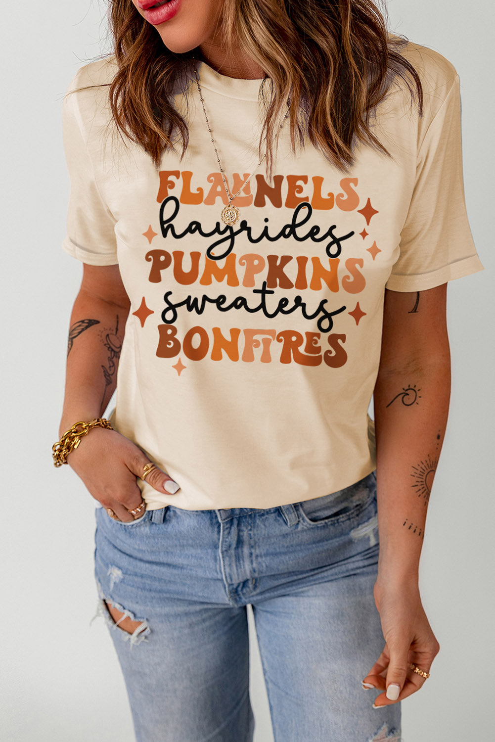 Glownestbest ® | Fall Vibes Graphic Round Neck T-Shirt Cream c98cb8ddc5154e7298f79956f3c97607-Max Glownestbest