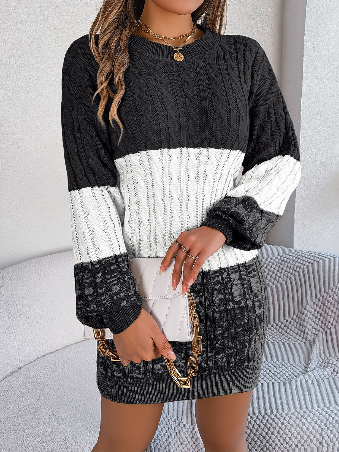 Cable-Knit Round Neck Color Block Sweater Dress Black c99422d4-cbb6-4e3a-8579-ac58c73870d9-Max Glownestbest