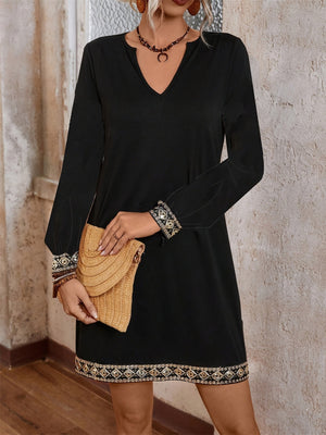 Embroidered Notched Long Sleeve Mini Dress Black ca1e8c89-b5cd-4c3e-89d1-86c56d0ece13-Max Trendsi