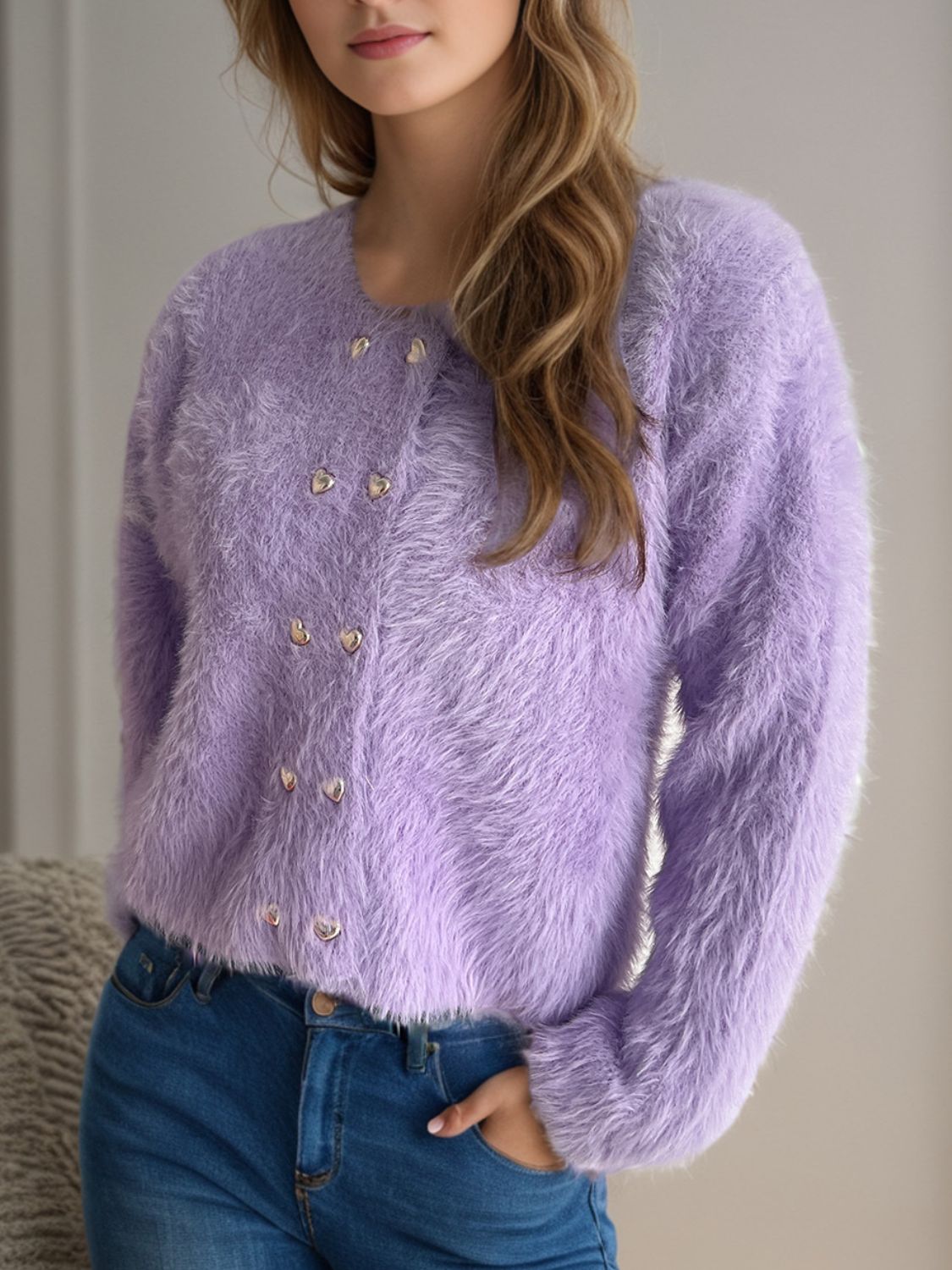Heart Button Round Neck Cardigan Lavender One Size ca27d4ac-962b-4afd-82b5-2752842ca7a3-Max Glownestbest
